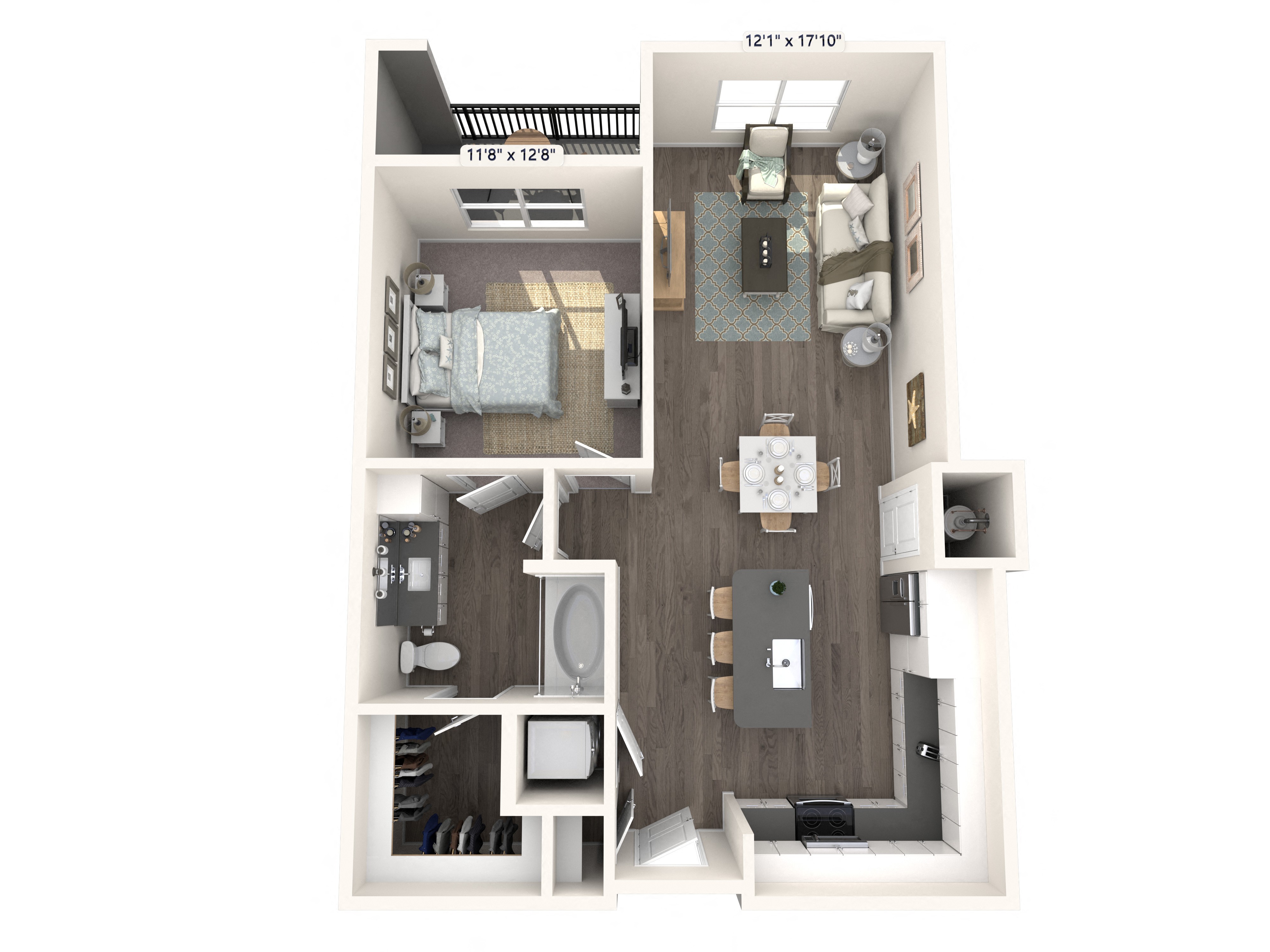 Floor plan for 1 bed, 1 bath, 775 sqft